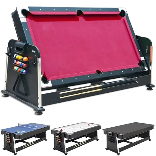 DEVESSPORT Multijuego Giratorio 4 en 1 Olimpus | Mesa de Billar, Air Hockey, Ping-Pong y Mesa de Comedor | 203.5x112x81 cm | Incluye Todos los Accesorios para los 3 Juegos (Rojo)