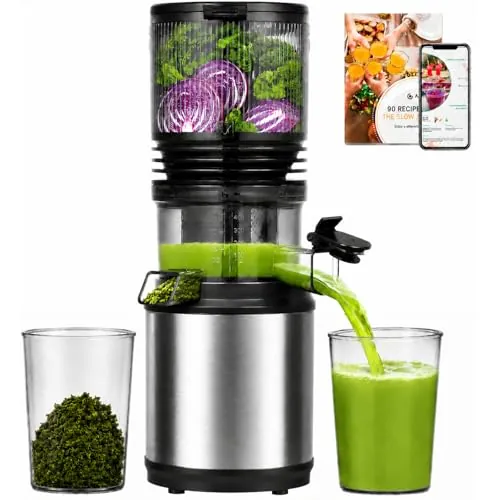 AMZCHEF Extractor de Zumos Prensado en Frío, Licuadora con Boca XL 160 mm para Verduras Frutas Enteras, 2L Slow Juicer, Filtro 3 en 1(Zumo, Bebida Vegetal, Sorbete), Cuerpo Inoxidable, Plata Brillante