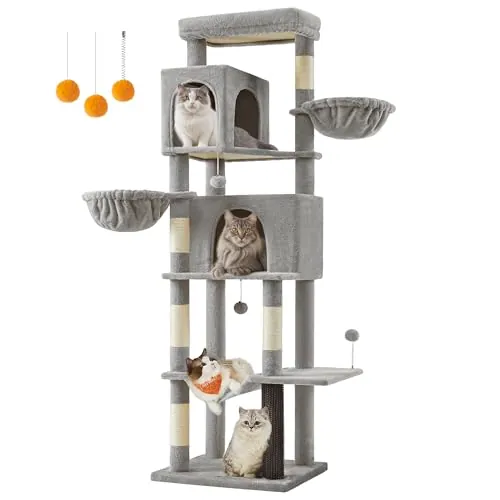 Feandrea Árbol Grande para Gatos, Torre para Arañar de 190,7 cm de Altura, Multinivel con 2 Cuevas, 2 Cestas, 5 Rascadores, Alfombra, Plataforma, Hamaca, Gris Paloma PCT183G01