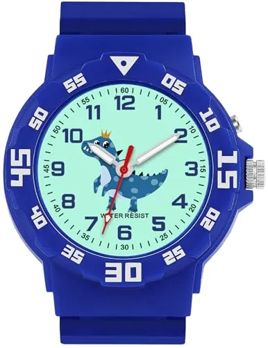 TENOCK Reloj Analógico Niños con Correa Suave: Diseño Dinosaurio/Unicornio, Luz Nocturna, Resistente al Agua 30M y Fácil de Leer para Edades 4-12 Años (Azul)