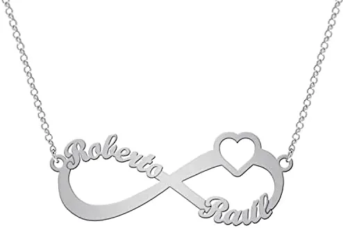 Collar Infinito Plata Personalizado con Corazón - Hasta 3 Nombres - Colgante con Cadena - Regalo para Mamá, Hijos o Pareja - Plata de Ley/Chapado en Oro - Mi Joya Personalizada (plata,2 Nombres)