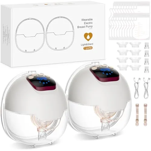 Sacaleches Eléctrico Manos Libres 4 Modos y 15 Niveles Sacaleches Electricos con Pantalla LED 180ml Extractor de Leche Materna con Bridas de 18/20/22/24 mm (2 Piezas)
