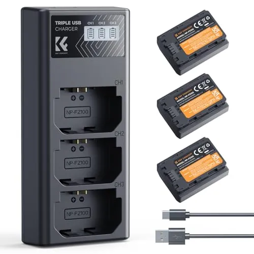 K&F CONCEPT 3-Pack NP-FZ100 Batería 2280mAh y Cargador LCD de 3 Ranuras Compatible con Cámara Sony A7iii, A7iv, fx3, fx30, A6700, A7R, A9, A6600, A7Riii, A7Riv, A7R3, A7C, ZV-E10ii, A7S3 y más