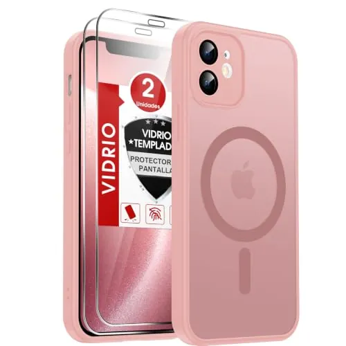 LeYi Funda Magnética para iPhone 12 con 2× Cristal Templado, Rosa | Compatible con MagSafe Mate Carcasa Translúcido Esmerilado Grado Militar Antigolpes Case