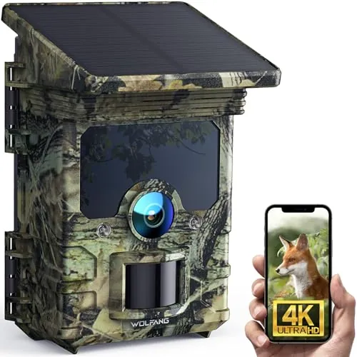 WOLFANG Cámara de Caza Solar 4K 30fps 68MP, WiFi Bluetooth Camara Fototrampeo con Visión Nocturna, Disparo de 0.1 s, Batería de 5200 mAh, IP66 Impermeable, Camara Caza para Monitoreo de Vida Silvestre
