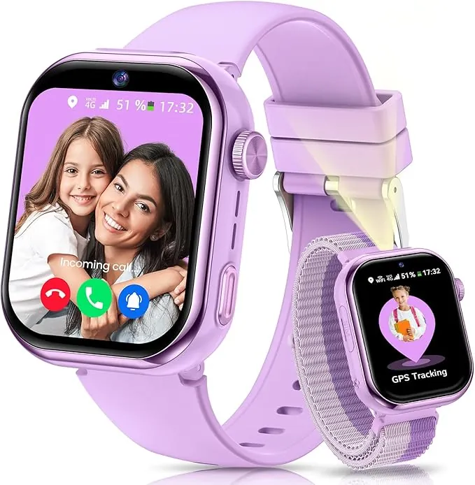 4G Reloj Inteligente Niña, 1.83'' HD Smartwatch Niñas con GPS y Llamadas, Videollamadas, Chat de Voz, Modo Escuela, Doble Cámara, Monitor de Sueño, Podómetro, Despertador IP68 para Niñas Niños Púrpura