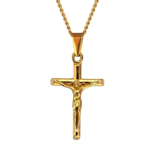 DVRK ® Crucifijo Colgante Hombre Oro 18k con Base Acero Inoxidable 316L - Collar Cruz Hombre Resistente al Agua - Idea Regalo Chico, Cross Necklace, Crucifix, Gold Necklace, Gift