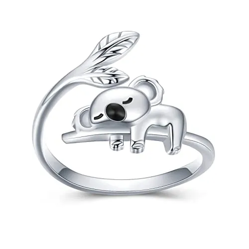 Koala - Anillo de plata de ley 925 para mujer, diseño de koala ajustable, abierto, con bonito animal para niñas