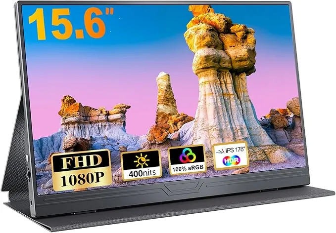 15.6 Inch Portable Monitor with Full HD USB-C Display, 1920 x 1080 HDR IPS - Mini HDMI Display and Built-in Dual Speaker with Smart Cover