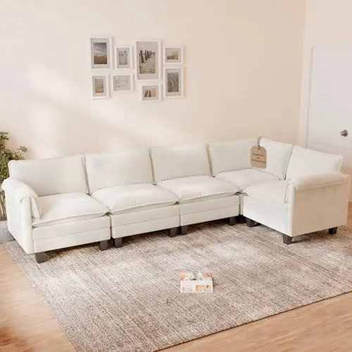 ELUCHANG Sofá Nube Modular 330cm, Sofá de Esquina de 5 Plazas en Forma de L, Asiento Profundo 62cm, Montaje sin Herramientas, Sofá de Chenilla para Salón, Beige