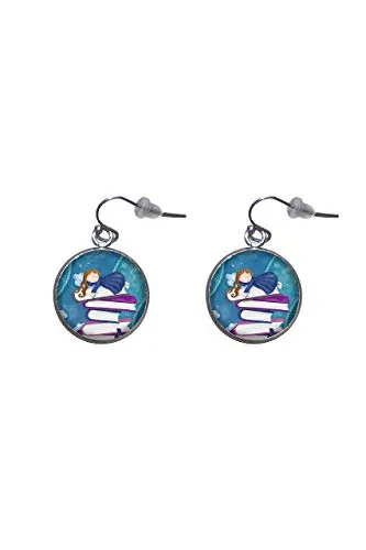 Pendientes de colgar de Acero, Diámetro 20mm, Hecho a Mano Ilustración Muñeca encima de Libros