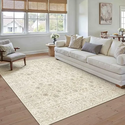 PureCozy Alfombra Salon 140x200cm Beige Lavable Vintage Pelo Corto
