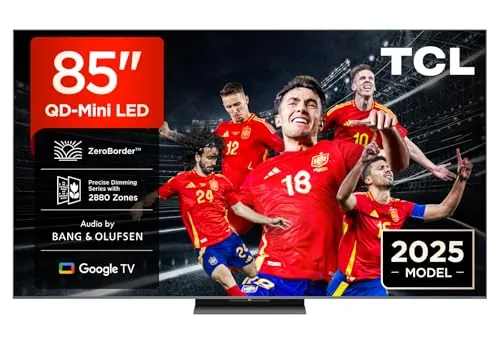 TCL 85Q8C Televisor 85 Pulgadas QD-Mini LED 4K Smart TV, 5000 nits HDR Premium, Bang & Olufsen, ZeroBorder, Google TV, Dolby Vision IQ y Atmos, Game Master