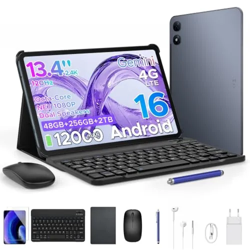 P13 Pro Tablet 13.4 Pulgadas 120Hz Android 16, 48GB RAM + 256GB(TF 2TB) Tablet con Teclado y Lapiz, T7280 Octa-Core, 12000mAh/18W, 16MP+8MP, Gemini AI, Widevine L1, Face ID, Dual SIM 4G, Gris