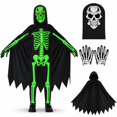Haozozo Disfraz Esqueleto Niño, Disfraz Halloween Niño Mono Fluorescente con Capa, Guantes y Capucha – Disfraces Halloween Niños 4-12 Años para Fiestas de Disfraces y Carnaval