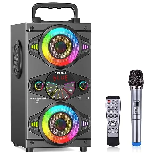 Altavoces Bluetooth, Altavoz Bluetooth inalámbrico portátil de 60 W para fiestas en casa al aire libre con subwoofer, radio FM, luces LED coloridas, micrófono, control remoto y gran potente sonido est