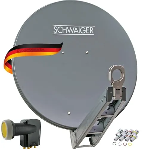 SCHWAIGER 4630 - Juego de antena parabólica satélite Quad LNB digital 8 x conector F de 7 mm, antena satélite de aluminio, color antracita, 75 x 80 cm