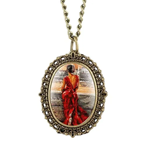 TORALF Pequeño dial Ovalado de Cuarzo Reloj de Bolsillo Collar Mujeres en Rojo Vestido patrón Relojes señoras Relojes Colgantes