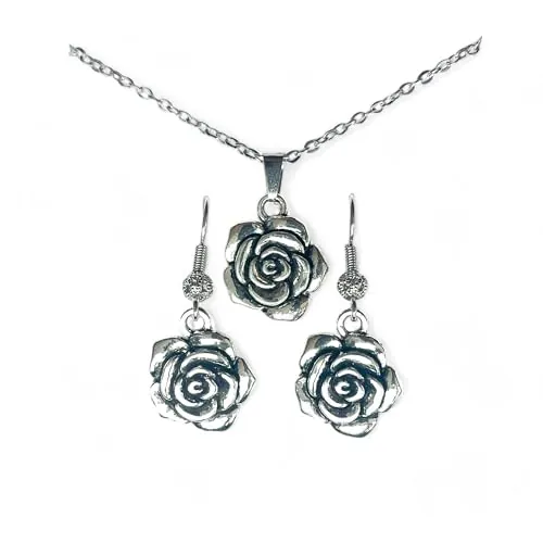 ASTER ALHELÍ - Conjunto Collar y Pendientes Mujer Flor Plata – Collar Largo Mujer con Colgante Floral – Joyas Mujer Elegantes Chapadas en Platino – Cadena Acero Inoxidable – Regalo Mujer
