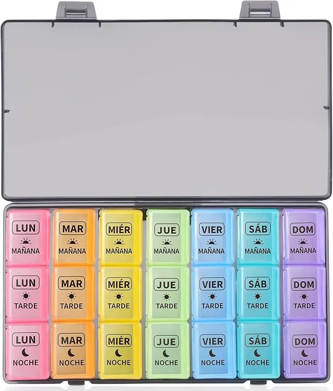 Opret Pastillero Semanal 3 Tomas Español, Pastillero Diario Grande 7 Dias, Dosificador de Comprimidos con 21 Compartimentos, Organizador de Pastillas para Viaje