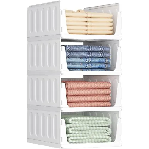 Lifewit Organizador de Armario Ropa, 4 Pack Baldas Apilables Interiores, Cajonera de Almacenaje para Camisetas y Pantalones, Contenedores Extensibles para Baño, Cocina y Camping, 24L, Blanco