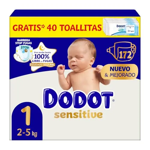 Dodot Pañales Bebé Sensitive Talla 1 (2-5 kg), 172 Pañales + 1 Pack de 40 Toallitas Gratis de Aqua Plastic Free, Nº1 en Protección de la Piel de Dodot, Pack Mensual
