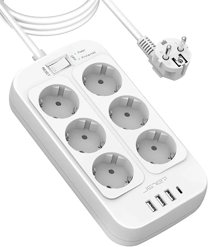 JSVER Regleta de 3 m, protección contra sobretensiones, 6 enchufes con 4 puertos de carga USB, enchufe múltiple con USB C, regleta de enchufe para montaje en pared (3680 W 16 A) para smartphones