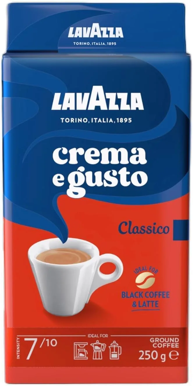 Lavazza, Crema e Gusto Classico, Café Molido Natural, Ideal para Cafetera Italiana, de Filtro y Francesa, con Notas Aromáticas de Especias, Arábica y Robusta, Intensidad 7, Tueste Oscuro, 250 g