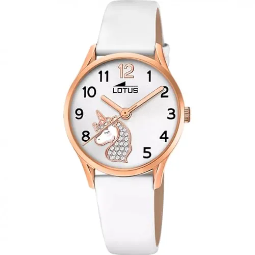 LOTUS Reloj Niña Analógico de Cuero Blanco - Movimiento de Cuarzo - Reloj Infantil - Cristal de Alta Resistencia - Resistente al Agua 5 ATM - Clásico 18407/K - Junior Collection
