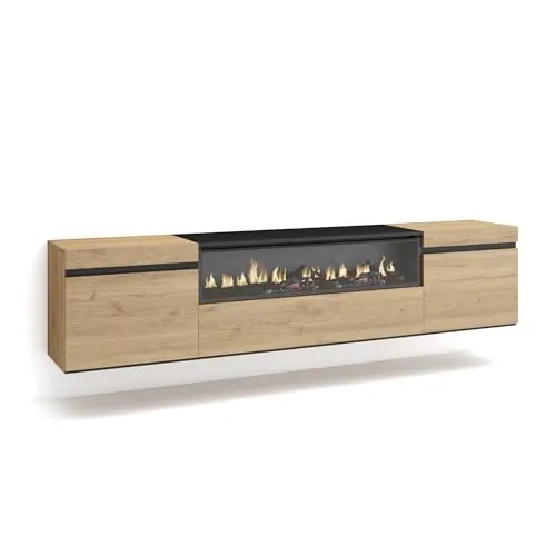 Skraut Home | Mueble TV | Televisión | Muebles de salón, almacenaje | 200x45x35cm | para TV hasta 80" | Chimenea eléctrica | Colgado, Suspendido | Estilo Moderno | Roble y Negro