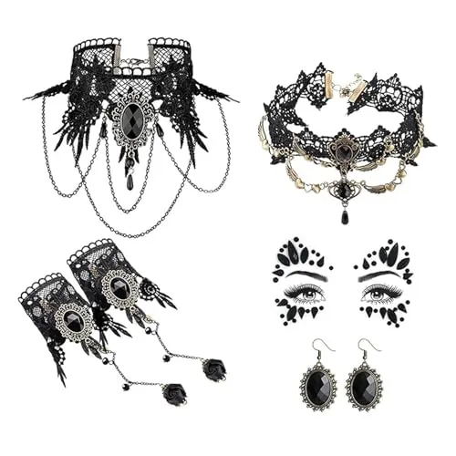 Juego de joyas góticas de Halloween, gargantilla de encaje negro, collar gótico, pulseras y pendientes, accesorios de vampiro para mujer, cadena de vampiro, disfraz de Halloween para mujeres y niñas