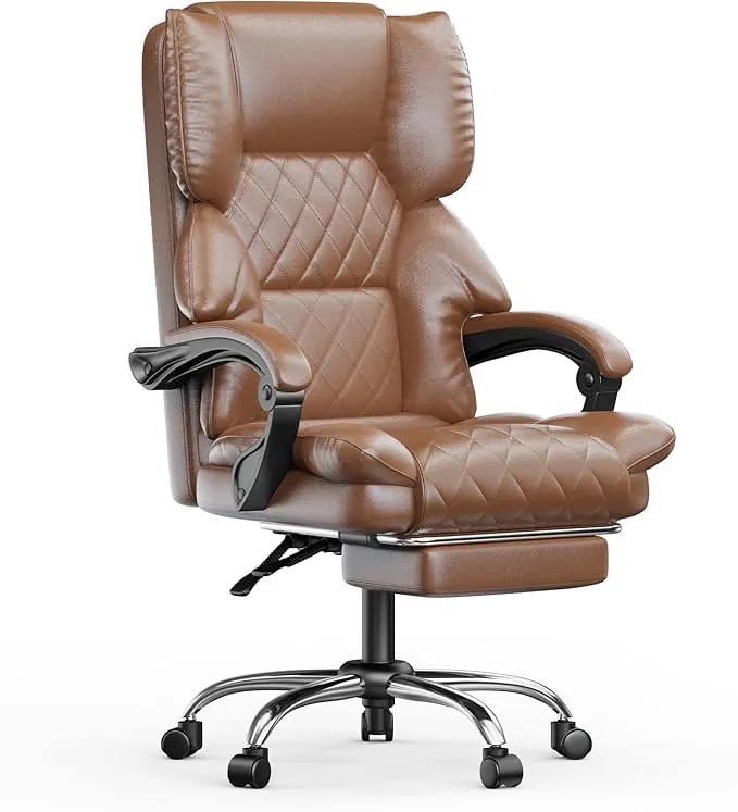 naspaluro Silla de Oficina con Reposapiés, Silla de Escritorio Ergonómica, Silla Ordenador de Cuero PU con Reposabrazos Acolchada y Reposacabezas, Silla Giratoria con Función de Inclinación, Marrón