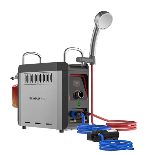 CAMPLUX Nano Calentador de Agua a Gas con Bomba, 3 L/min, Butano (28-30 mbar), para Camping, Ducha Exterior, Autocaravana y Mascota, Nano 3