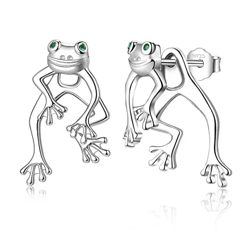 Pendientes para Mujer Rana Plata de ley 925 Divertidos aretes de rana de dos vías, regalo de joyería para niñas y adolescentes