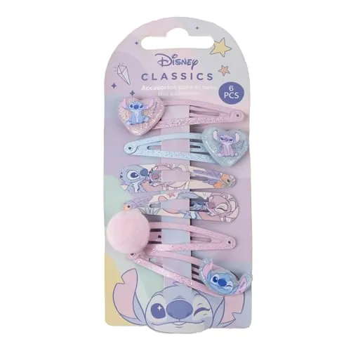 Ganchos para el cabello Stitch 6 piezas para niñas | Set de broches infantiles con personajes Disney- Accesorios para Niñas – Broches seguros tipo snapcolores pastel y glitter
