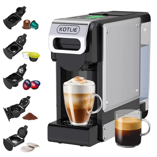 5 en 1 Máquina de Café en Cápsulas 19BAR para Lavazza MIO/Nespresso Original/Dolce Gusto cápsulas y Café Molido/ESE Pod, Máquinas Automáticas de Café Espresso en Cápsulas Pequeñas, 1L, 1450W