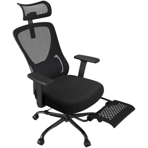 Yaheetech Silla Escritorio Ergonomico con reposapiés Respaldo Bloqueable | Capacidad Max de 150 KG, Respaldo Bloqueable Entre 90° y 120° , Soporte Lumbar Ajustable, Malla Transpirable