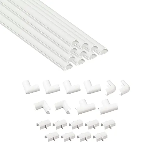 D-Line Canaleta para Cables 20x10mm Multipack 4m, Perfil Semicircular, Cubrecables Autoadhesivo Pintable para Gestión de Cables – 10x 40cm con Accesorios – Blanco