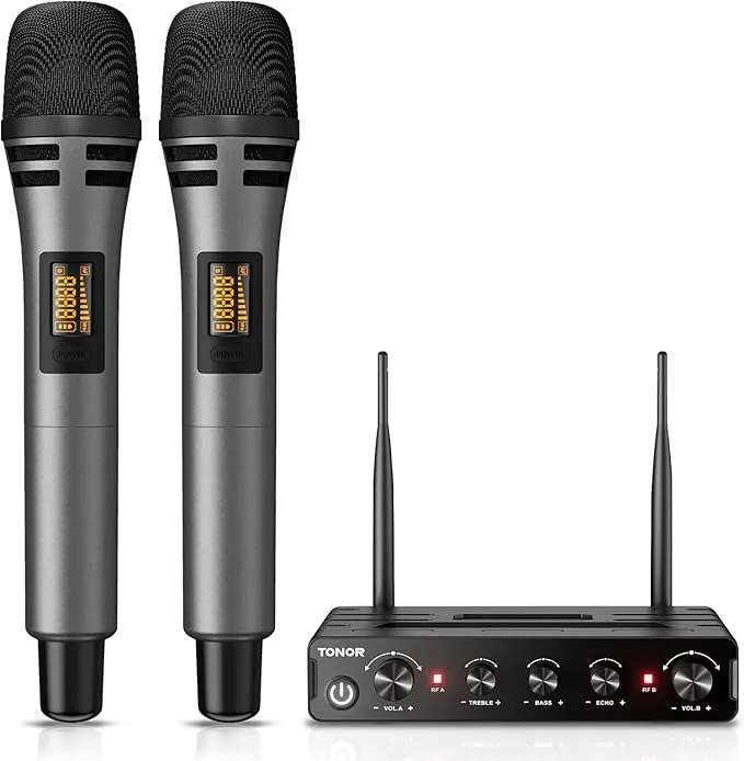 TONOR Micrófono Inalámbrico, Dual Mic UHF Sistema de Micrófono Dinámico de Mano con Receptor, Compatible con Amplificador, Sistema PA,para Karaoke Domestico/Boda/DJ/Fiesta/Iglesia,60M, Gris,TW350