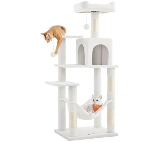 Feandrea Árbol para Gatos, Altura 143 cm, Torre de Gatos, con 4 Postes Rascadores, 2 Plataformas, 1 Cueva, 1 Hamaca, 2 Pompones, Tela de Felpa, Multinivel, Blanco Crema PCT161T01