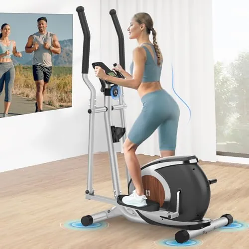Bicicleta Elíptica Magnético con 16 Niveles de Resistencia, Máquina Elíptica Ultra Silenciosa para el Hogar, Monitor LCD, Portabotellas, 120KG de Capacidad de Carga Plateado