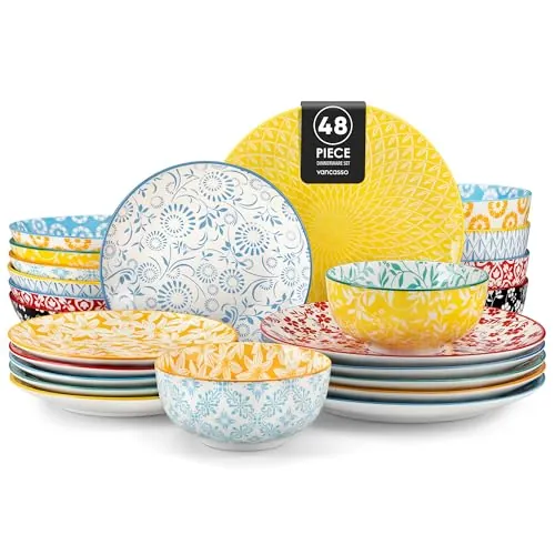 vancasso SELENE Vajillas Completas 12 Personas, 48 Piezas, Vajillas en Porcelana Pastel - 12 Platos Llanos, 12 Platos de Postre, 12 Cuencos para Pasta y 12 Cuencos, Apto para Lavavajillas