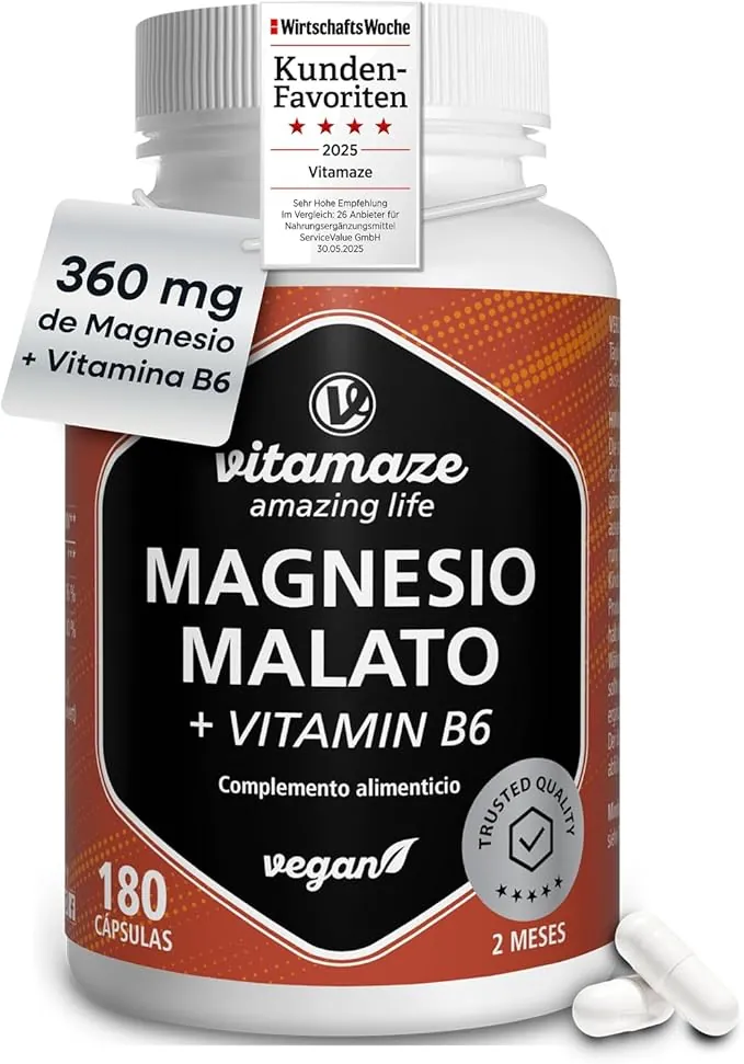 Malato de Magnesio 1.800mg (360mg Magnesio Elemental) + Vitamina B6 1,4mg. 180 Cápsulas Veganas Para la Energía y la Función Muscular, Sin Aditivos, Vitamaze