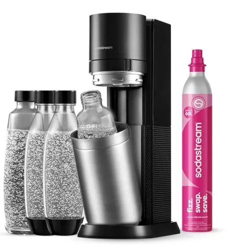 El gasificador de agua Duo incluye un cilindro de gas para preparar hasta 60L de agua con gas,2 botellas de plástico de 1L y 2 botellas de cristal de 1L;reduce residuos de plástico;color negro