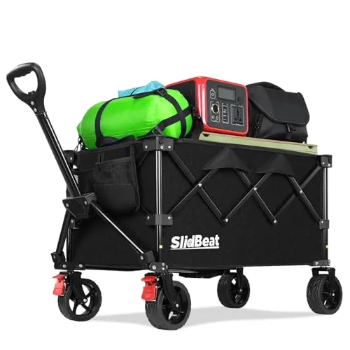 SLIDBEAT Carro de Playa Plegable (150L) para Camping, Picnic y Jardín. Carga 150KG, Ruedas Todo Terreno, Doble Freno y Mango Ajustable. Recipiente Interior Extraíble y Lavable a Máquina