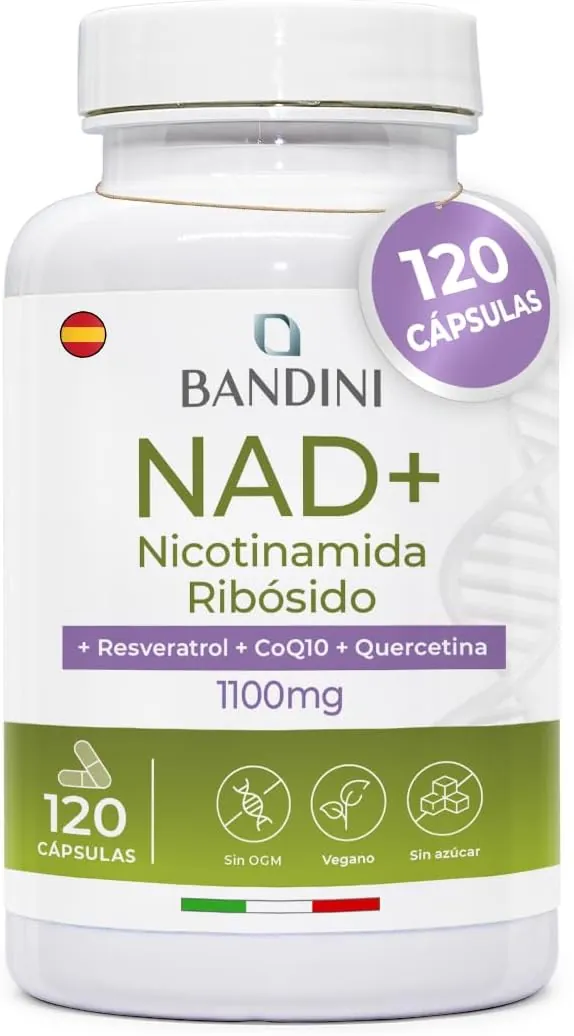 Bandini® NAD+ Liposomal 1100 mg | 120 Cápsulas Veganas | Con Cloruro de Ribósido de Nicotinamida, Quercetina, Resveratrol, Coenzima Q10 | Antienvejecimiento, Energía Celular, Sin OMG
