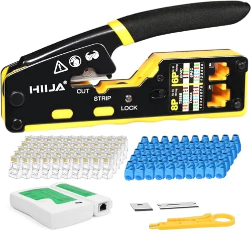 Hiija Crimpadora RJ45 con Comprobador RJ45 Tester y 50 Conectores