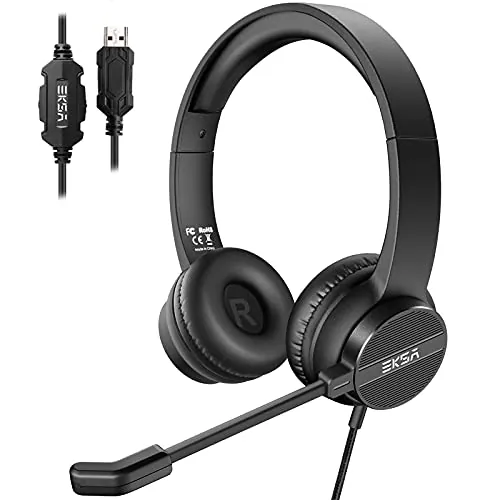 EKSA H12E PC Auriculares con Micrófono, Headset de USB con Interruptor de Silencio y Control de Volumen, Sonido Estéreo Claro, Cascos con Microfono PC/Office/Call Center/Office/Skype/Zoom/Webinar