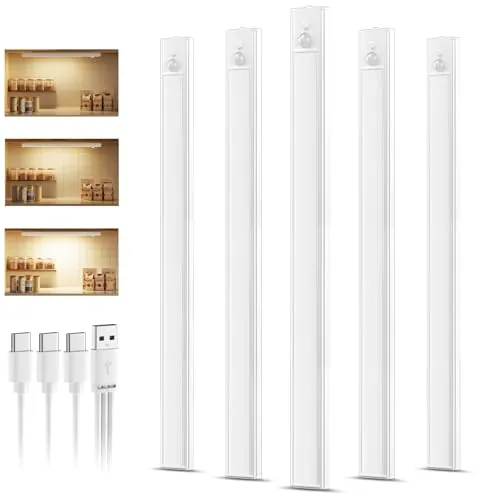 daphomeu 5 Pack Luces led Cocina Recargables,Luz Armario Sensor Movimiento Atenuable tipo C carga,Luz Sensor Movimiento Interior, Lampara Led para estantería, armario de escaleras