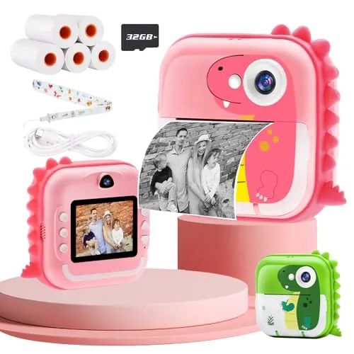 TOYOGO Cámara Instantánea para Niños, Cámara de Impresión Digital, Pantalla 2.4 Pulgadas, Video 1080P & 12 MP Doble Lente, 32G, 5 Rollos de Papel, Regalo para Cumpleaños y Navidad